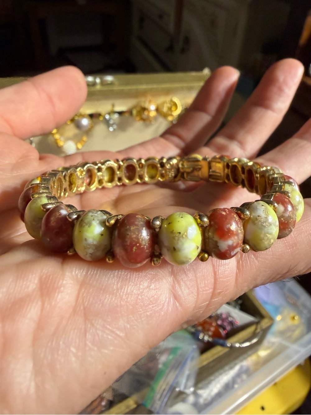 Vintage HAR Gold-Tone Red Yellow Marble Stones Beaded Bracelet